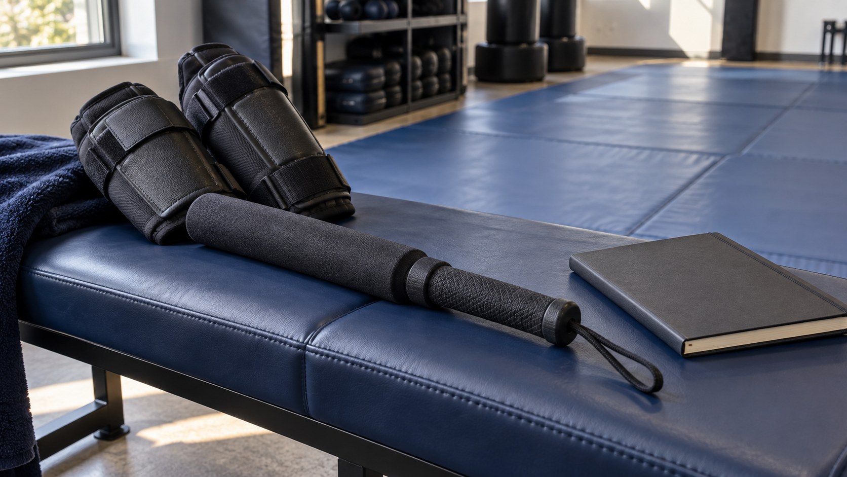 AI-generated illustration of a foam training baton, gloves and notebook on a training mat.