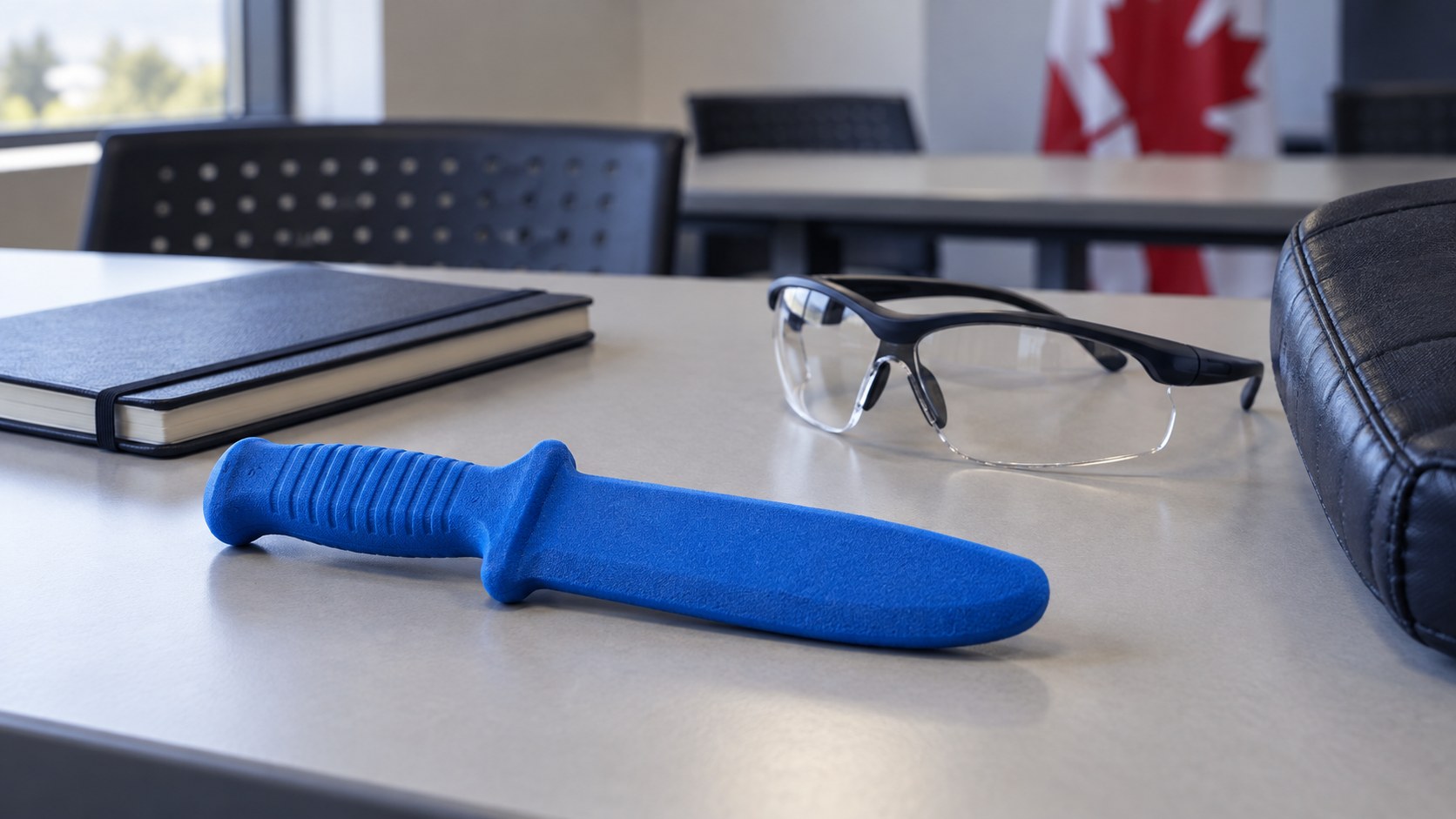 AI-generated illustration of a blue blunt training prop and protective glasses on a classroom table.