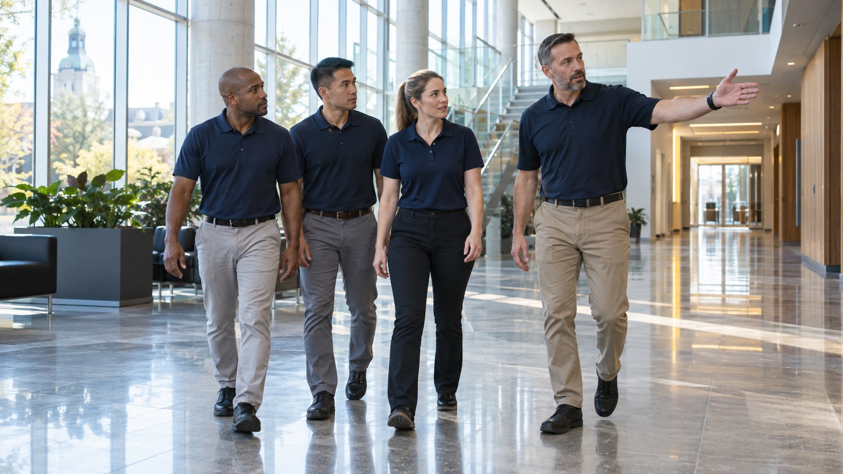 AI-generated illustration of public-safety trainees discussing situational awareness in a public foyer.