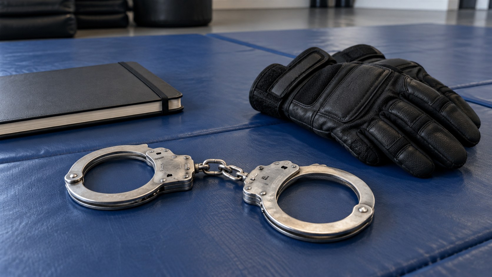 AI-generated illustration of training handcuffs, gloves and a notebook on a mat.