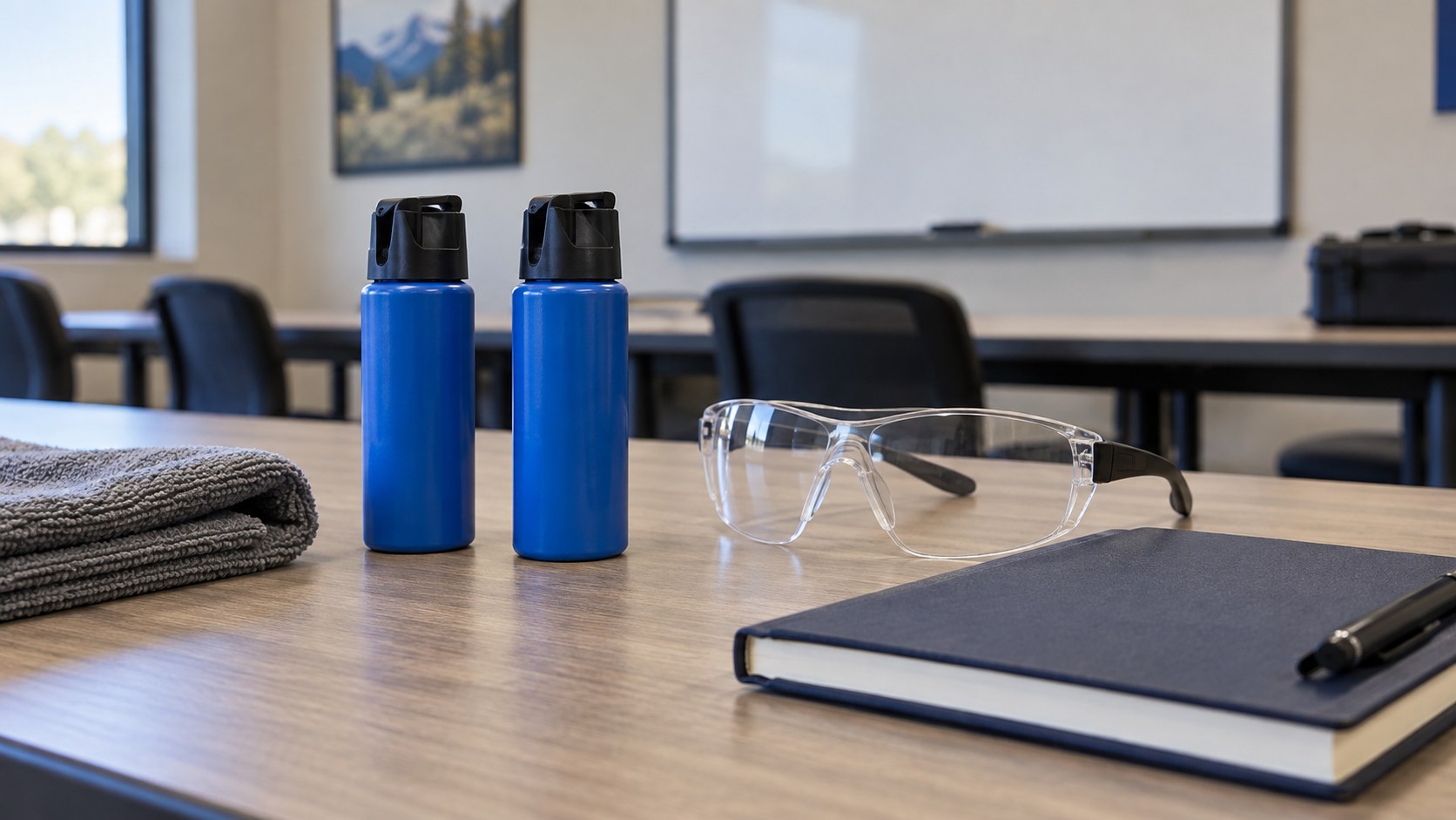 AI-generated illustration of inert practice canisters, protective glasses and a training notebook.
