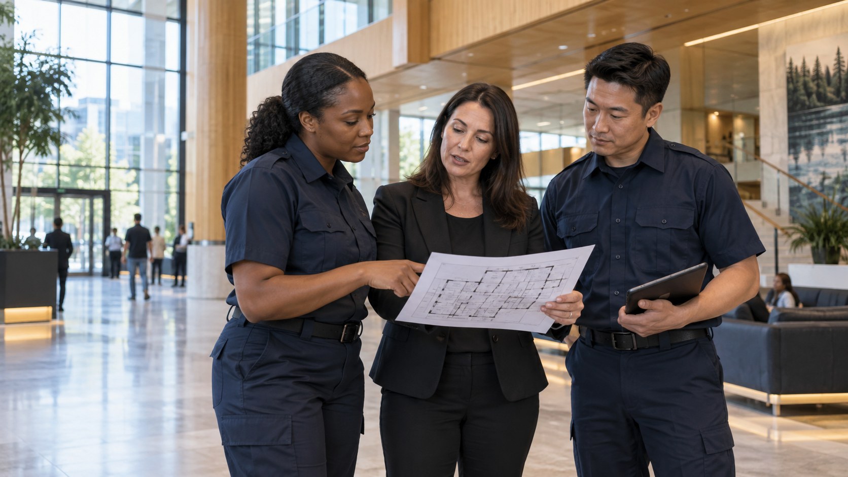 AI-generated illustration of security professionals discussing a building plan in a training workshop.