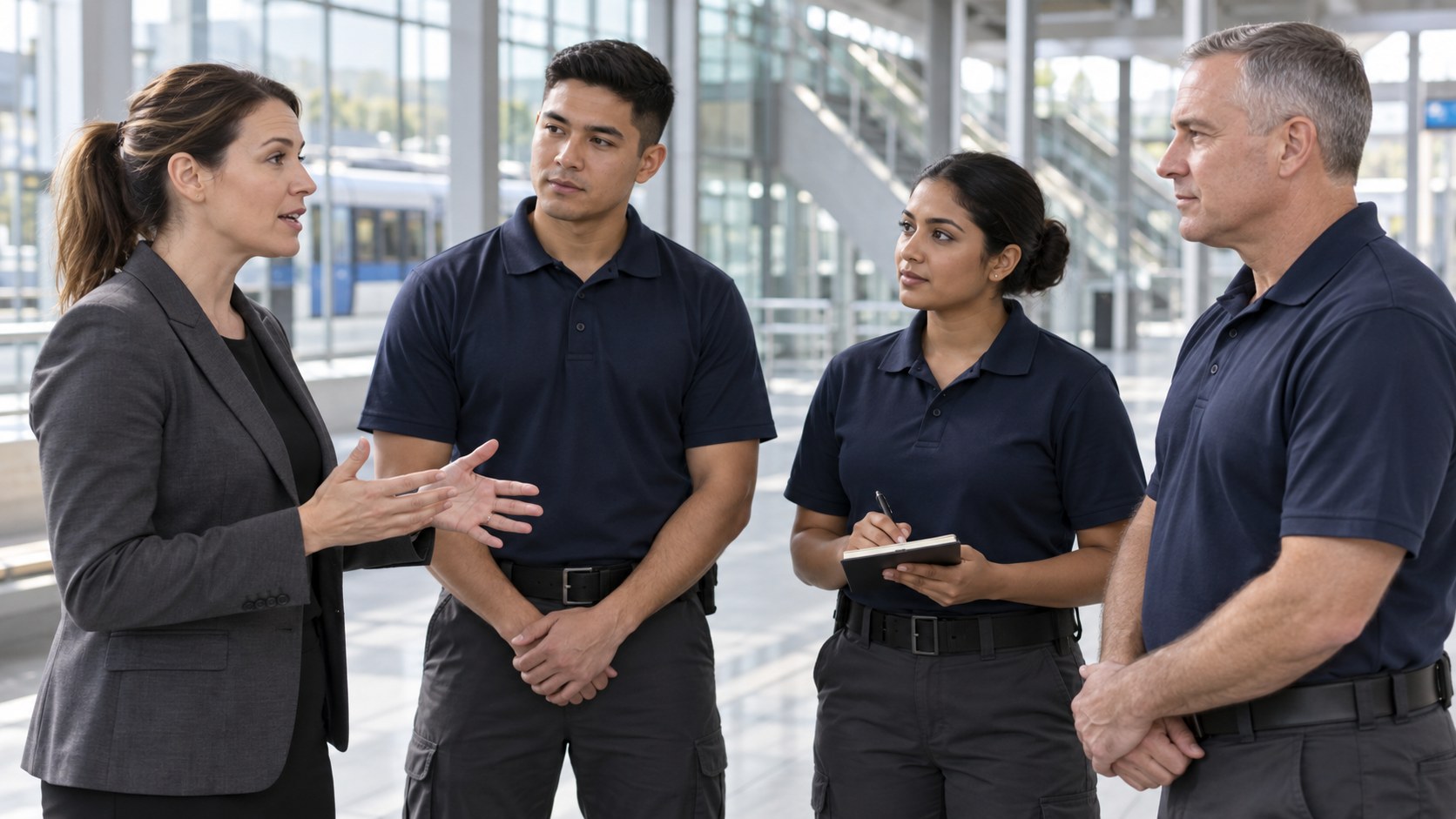 AI-generated illustration of special constable trainees in a briefing at a transit facility.