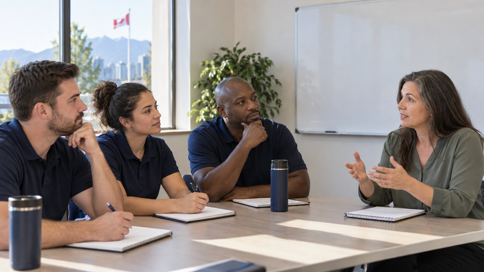 AI-generated illustration of public-safety trainees learning from a healthcare educator.